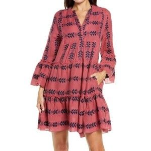 Elan Women's Clara Dress Embroidered Long Sleeve Tiered Pink Blue Size Small
